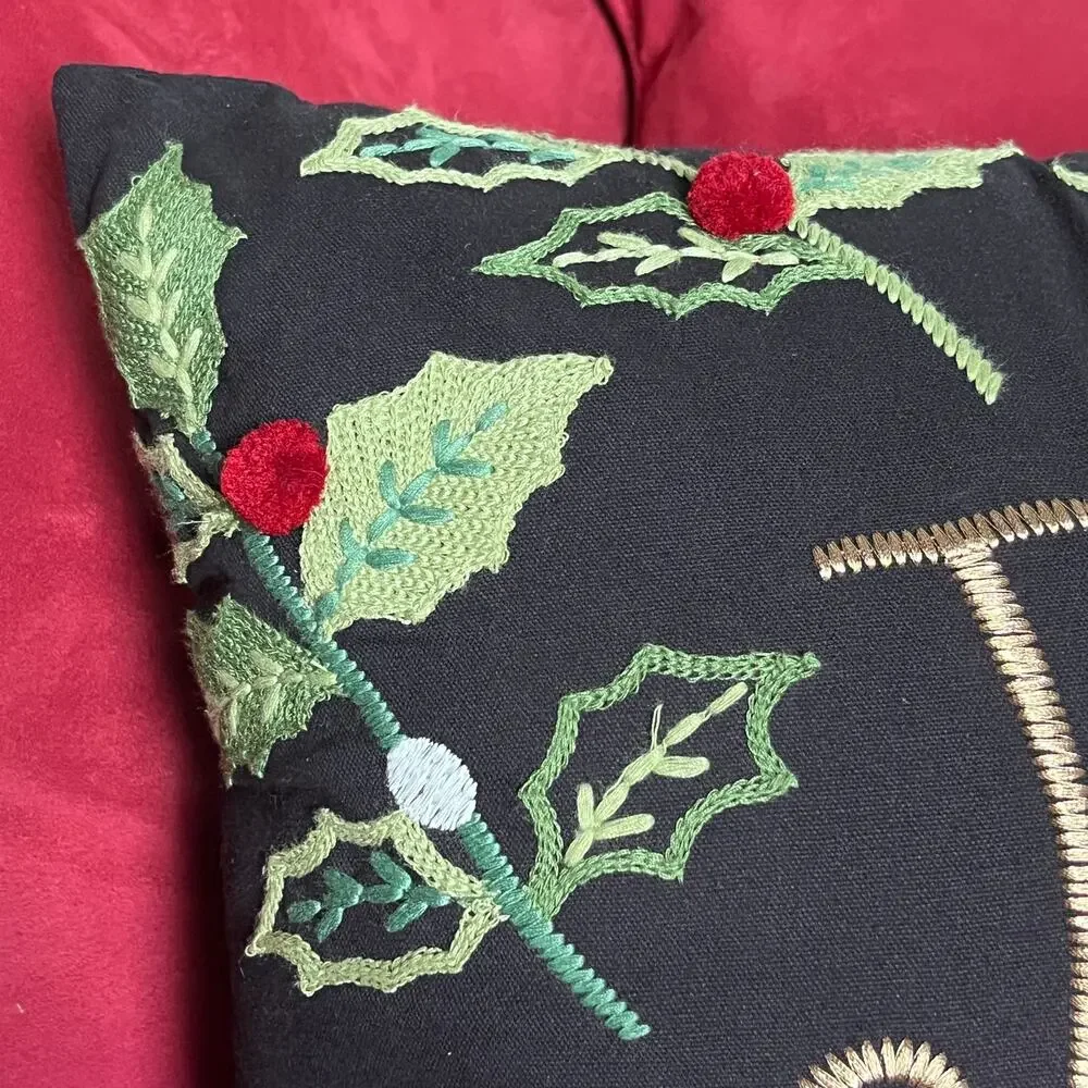 Pier 1 Holiday Accent Pillow 'JOY' Holly Leaves Berries Embroidered Christmas